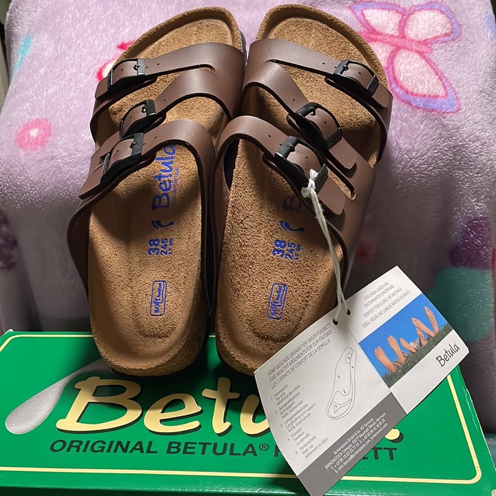 NWT in original box Betula sandals, leather upper, natural cork sole